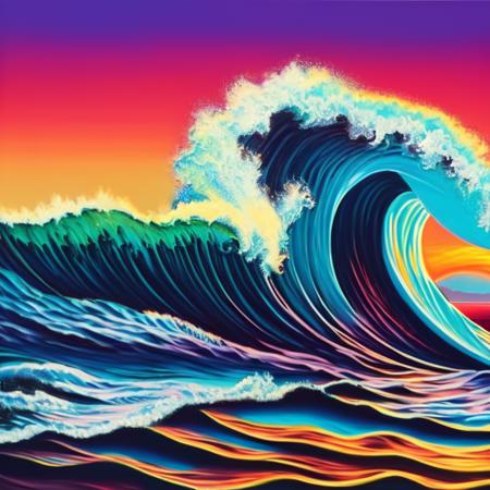 (retrotide style:1) a painting of an ocean wave with a sunset in the background <lora:djzRetroTideV21_LoraBooth:1>