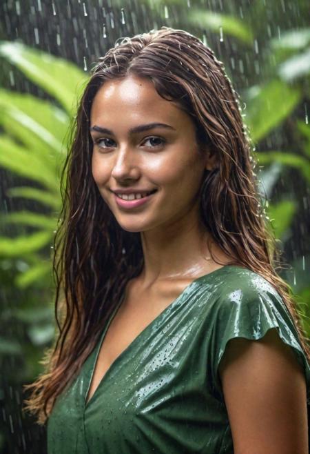No Makeup, South Spanish Flat face, Amazon Rain forest, ((Extreme detail, Heavy Rain, Playing in rain, Plants)), Outdoor, Green and Gold shades, (((Full hand dress))), (((long shot, full body coverage))), Long and silky hair, head bend, Smile, dimples, black and brown hair while shades of violet, ((Cinematic lighting)), (((The image should be detailed and lifelike, making it challenging to discern whether it's a real photograph or a digital creation. Focus on achieving realism in her facial features, skin texture, and hair, and ensure the lighting contributes to the overall authentic appearance. Ray tracing)))