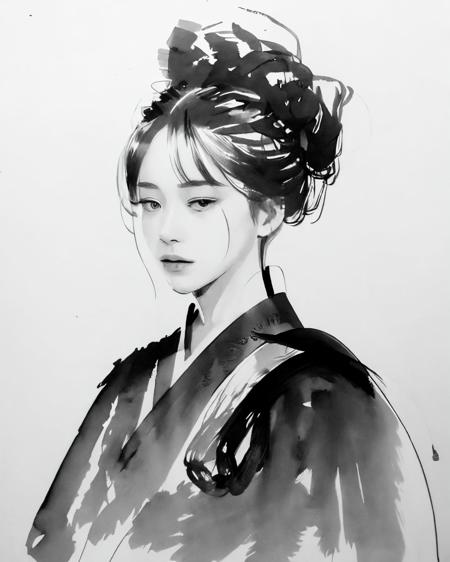 <lora:zyd232_InkStyle_v1_0:1.2> zydink, monochrome, ink sketch, face focus, 1girl, looking at viewer, updo, hanfu, chinese clothes, long sleeves, white background