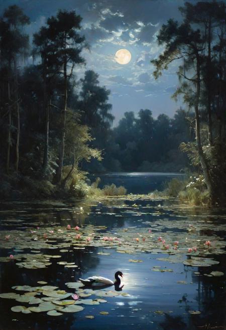 A night scene of a lake surrounded by trees. The moonlight in the sky reflects on the water, with water lilies There are ducks swimming in the lake and there is a black swan , highly detailed, masterful painting in the style of Anders Zorn | Marco Mazzoni | Yuri Ivanovich, Aleksi Briclot, Jeff Simpson, oil on canvas