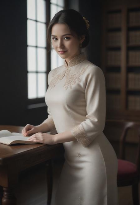 Young woman reading a book in a prvate queen library, look at viewer, brunette hair cascading over her shoulders, vivd colors  and soft whites, 
wearing (qipao, satin dress, short dress). (Antique royal gown:1.2) with intricate embroidery, lace collar, and gold accents, worn by a regal queen, her posture elegant and poised, mood relaxed,
looking at viewer, smiles a little, 
lighting natural light streaming through a nearby window, perspective over-the-shoulder, texture soft wool sweater and glossy wooden table.
shallow depth of field, vignette, highly detailed, high budget, bokeh, cinemascope, moody, epic, gorgeous, film grain, grainy,