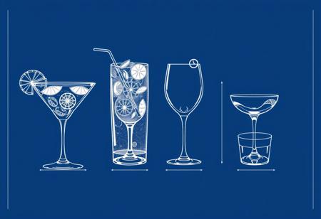 A blueprint style.poster showing diagrams of cocktails