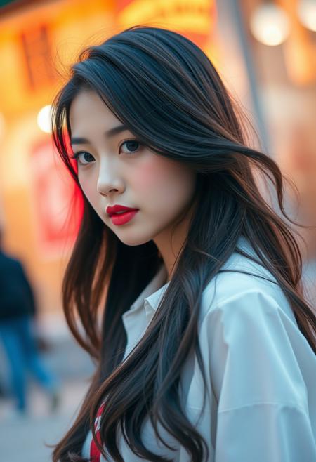 In a captivating scene, there stands a beautiful and young Korean woman. She has long, flowing hair and is dressed in a white shirt, exuding an air of elegance. Resembling a popular Korean idol or a leading actress, she showcases the latest in Korean women's fashion. Her face is adorned with the trendy and popular South Korean makeup, enhancing her already charming features. With a resemblance to the renowned Song Hye-kyo, she appears like a cinematic goddess in a close shot, captivating all with her undeniable beauty and charm.