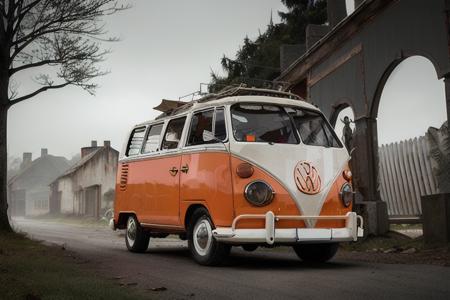 analog gloomy photo of an (orange) volkswagen kombi,  <lora:vwk0mb1:1>, ((haunted house:1.0)), (walking dead:1.0), zombie apocalypse, (abandoned town at (midnight)), (full moon), (winter), (snow), ((horror movie)), ((nighttime)), lost in the wood, ruins, dilapidated buildings, High Detail, Sharp focus, (photorealism), realistic, best quality, 8k, award winning, dramatic lighting, epic, cinematic, masterpiece, rim light, ambient fog:1.5, dutch angle,