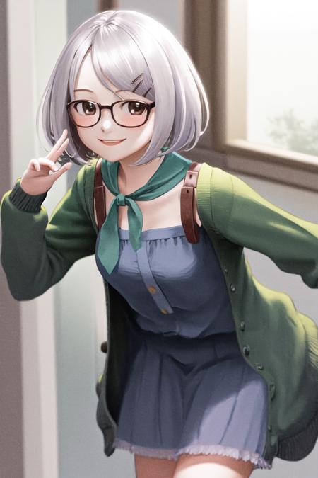 masterpiece, best quality, highres, 1girl glasses hairclip, blue dress neckerchief long sleeves open cardigan <lora:kyouko_okitegami:1> leaning forward, smile