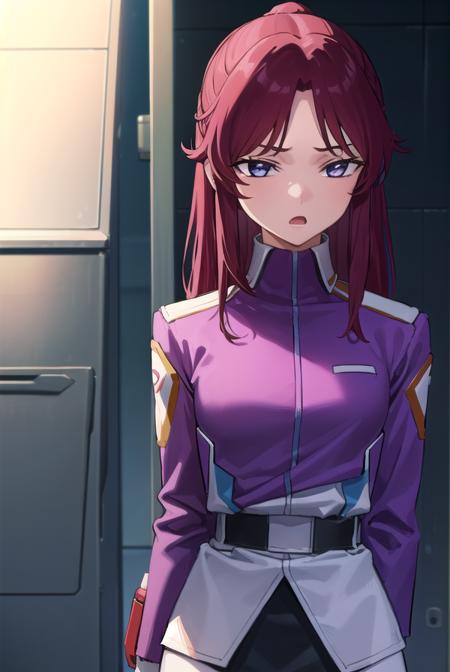 flay allster, long hair, (purple eyes:1.1), red hair, medium hair, (parted bangs:1.5), ponytail, skirt, gloves, jacket, white gloves, black skirt, uniform, military, military uniform, side slit, pencil skirt,