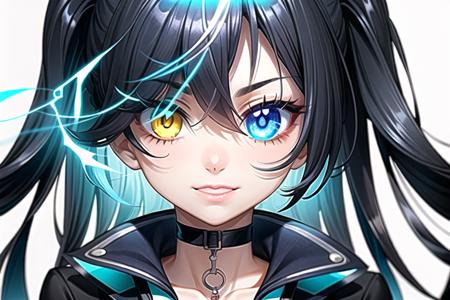 focus face, solo, 1girl, hair over face, hair covering face, dark blue hair, (heterochromia, left eye yellow, right eye blue:1.25),(glowing eyes:1.3),cute face, smirk, neck, choker, collarbone, cleavage, white collar, coat collar, white coat collar 