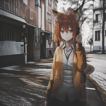 1girl, ebenya, looking at viewer, orange hair, kitsune, fox ears, fox tail, cardigan, open clothes, russian city