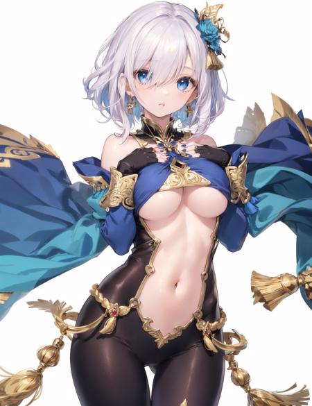 1girl, solo, white hair, long hair, braid, hair over one eye, blue eyes, large breasts, (hands on own chest, parted lips:1.2), thigh gap, (bodysuit), bare shoulders, navel, puffy long sleeves, wide sleeves, cleavage, (underboob:1.2), (hip vent:1.2), partially fingerless gloves, blue nails, nail polish, ring, hair ornament, jewelry, (tassel), tassel earrings, (gold trim), cowboy shot, white background,, masterpiece, best quality,