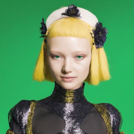 <lora:balenciaga:1>, balenciaga, photo \(medium\),
bangs, green sleeves, yellow hair, , breasts, dress, gloves, black background, hands down, looking at viewer, open mouth, braids, short sleeves, sidelocks, smile, solo, sparkle, two-tone dress, white dress, black gloves, black headwear, green eyes