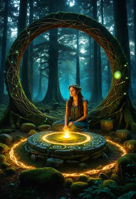 Dryad, ancient stone circle, glowing runes, forest twilight, magical energy spiraling around, bark and vine design, calm expression, surrounded by old trees, enchanted grove, high detail, cinematic composition, subtle lighting, ambient glow, mystical vibe, intricate forest textures