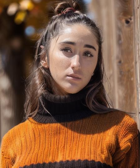 (close up face portrait, detailed:1.3) of Natalie Roush, epic (photo, sony a7, 50 mm, matte skin, pores, colors, hyperdetailed, hyper-realistic), (black sweater, turtleneck, autumn outside:1.2)
 <lora:R3Natalie_Roush:1.3>