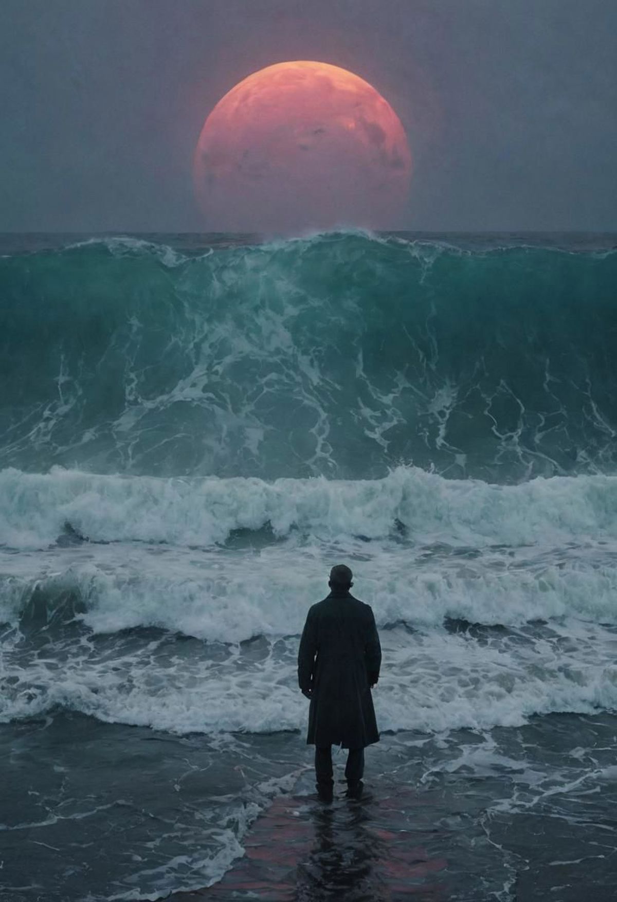A man standing on the beach, watching the sunset over the ocean.