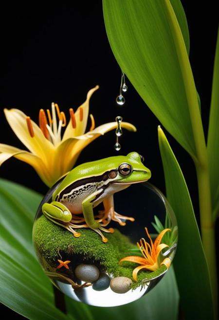 An intricate scene where a single drop of water, magnified, contains an entire miniature ecosystem. Inside the drop, a tropical forest filled with a green frog, tiger lilies, beautiful.