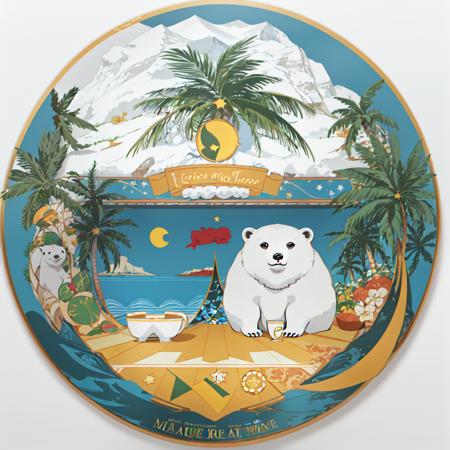 <lora:Armorial-37:1> Blazon,
seal, 
(white_background,simple_background,)  (flat_color:1.3), no_humans, symmetry, 
polar_bear, latin_text, circle, 
coconut_tree,  star_\(symbol\),  (mug, ), sunlight, light_rays,, (masterpiece:1.3), (best_quality:1.3), (ultra_detailed:1.3), 8k, extremely_clear,