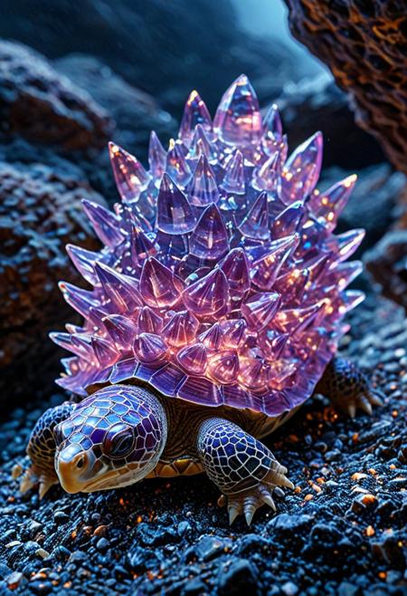 8k, Tilt shift photography style, tortoise, Spiky Cluster fluorite shell, glowing fluorite, iridiscent, in night cave, ( Unmanned:1.2), ( thick fog:1.4),