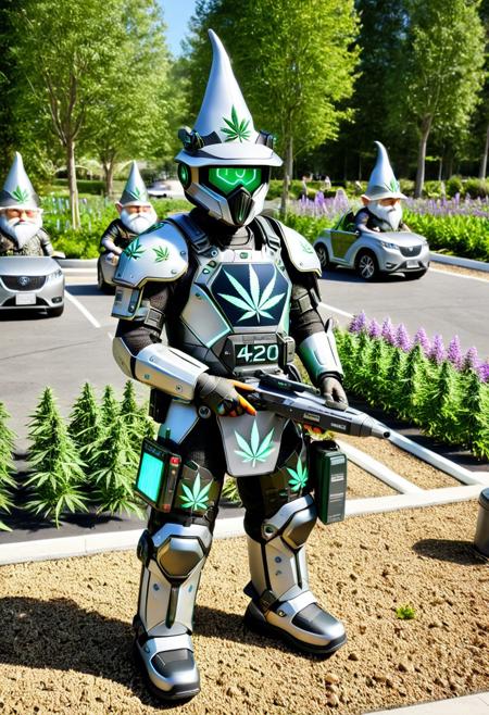 420futurism, 
 A drone reprogrammed by garden gnomes now patrols in full floral armor, issuing parking tickets to SUVs parked on “sacred mulch.”