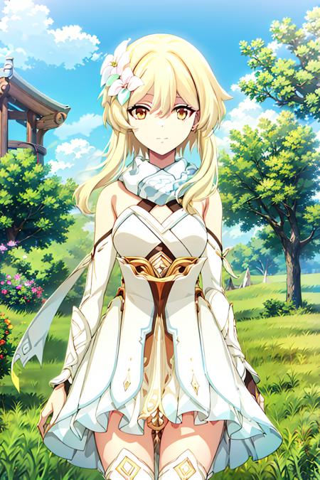 Lumine,1girl,hair ornament,hair flower,looking at viewer,solo,detached sleeves,thighhighs,sidelocks,outdoors,bangs,white dress,short hair with long locks,yellow eyes,white scarf,zettai ryouiki,