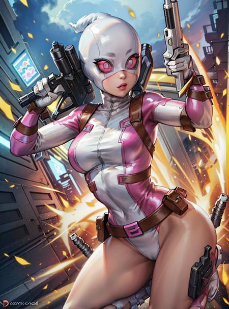 (GwenPool attacking:1), (white mask:1.2), (superhero, bodysuit, pink leotard, belt, gun, hood:1), looking at viewer, cute pose, leaning forward,
(detailed landscape,building, explosion:1), (dynamic_angle:1), (dynamic_pose:1.2),
(masterpiece:1.2), (best quality, highest quality), (ultra detailed), (8k, 4k, intricate),(full body:1), (Cowboy shot:1.2), (50mm), (highly detailed:1.2),(detailed face:1.2), detailed_eyes,(gradients),(ambient light:1.3),(cinematic composition:1.3),(HDR:1),Accent Lighting,extremely detailed,original, highres,(perfect_anatomy:1.2),
<<lora:GwenPool_character:0.8> <lora:lexaiduer-lora-v1-128dim-20ep:0.6>