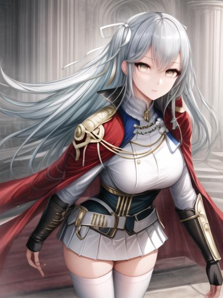 Revenge,grey hair, hair ribbon, blonde eyes, white shirt, miniskirt, zettai ryouiki, white thighhighs, white legwear, gauntlet,red cape,white skirt, 