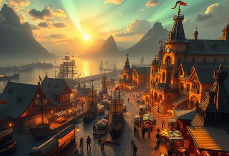 Captivating fantasy scene:
packed pirate dock, multiple pirate ships and stalls
Palace features:
Bright, ribbons of aurora lights arc out like paths,
European architecture,
Sweeping curves and dynamic shapes
Wooden and Cobblestone surfaces with a white and metalic gold gold, reflective quality
Dramatic lighting highlighting key architectural elements
Setting:
jagged mountains in distance, sun rising over the tops,
a mass of buildings surrounding environment, a large river cuts through the middle towards the center of the island, a number of bridges connect both sides.
Misty, breathtaking scene
Color palette:
White, Metalic Golds, vibrent colors, aurora borealis, fantasy market colors with rustic natural colors from wood and stone architechture,
Lighting:
Golden hour, otherworldly glow illuminating the dock
Soft, amazing light emanating from within the structure
Additional elements:
Large sea monsters captured and hauled off trading ships, ships being repaired,
aurora borealis above clouds, huge pirate ships loam overhead, large cafes, fast food chains, large hotels and ornate buildings,
Trident patterns built into architechture and on flags,
Faint, figures or creatures in the foreground or background,
Style: Hyper-realistic digital art with a touch of surrealism
Mood: Awe-inspiring, bright, and mysterious
Composition: Extreme-Wide-angle view to showcase the docks's scale, with a low angle to emphasize its scale and mass of buildings