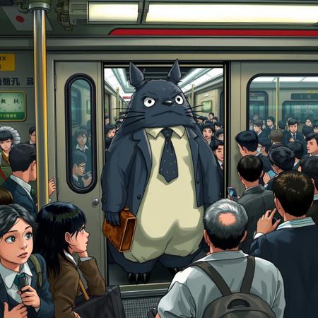 From the bustling platform of a Tokyo Metro station, a weary Totoro is visible through the open doors of an overcrowded train, facing outward. His fur is slightly matted and sagging from exhaustion, his expression softened by fatigue after a long day. He wears a disheveled Japanese salaryman suit—dark blue fabric wrinkled, white shirt untucked and crumpled, tie hanging crooked with a missing jacket button. His large, clawed paws clutch a scuffed leather briefcase, worn from years of use. Inside the train, passengers are jammed together—salarymen in stiff suits, students in crisp uniforms, and office workers gripping straps or phones—pressed shoulder-to-shoulder under harsh fluorescent lights. The air hums with muffled chatter and the distant screech of rails. Outside, a chaotic crowd of commuters surges toward the open doors, elbows jostling and briefcases swinging as they try to squeeze into the already packed carriage. A few platform onlookers—a young woman with wide eyes, an elderly man with a furrowed brow, and a small child in a bright red coat pointing excitedly—stare at Totoro in surprise, their faces caught in the station’s dim glow. Totoro, despite his weariness, offers a gentle, lopsided smile to the pointing child, his round eyes crinkling warmly. Beyond the train, the station’s tiled walls are plastered with colorful ads, and a digital clock overhead ticks forward, while the distant rumble of another train echoes through the underground.