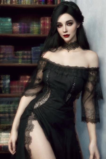 <lora:Serana_Reimagined:0.8> , Serana Reimagined, masterpiece, best quality, 1girl, solo, black hair, dress, red eyes, black dress, bare shoulders, makeup, realistic, long hair, looking at viewer, book, lace, bookshelf, lips, lace-trimmed dress, lipstick, off-shoulder dress, vampire, pale skin