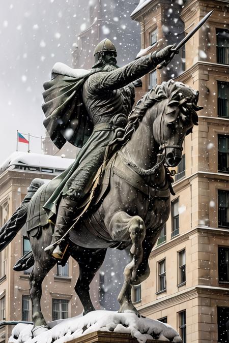 cid statue ,  sword in hand <lora:El cid:0.67>   four paws , snow in the  background ,horse in rampant motion , snowing hard