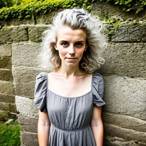youth European woman in simple summer dress with grey hair, big hair, hairstyle, with natural light from top right