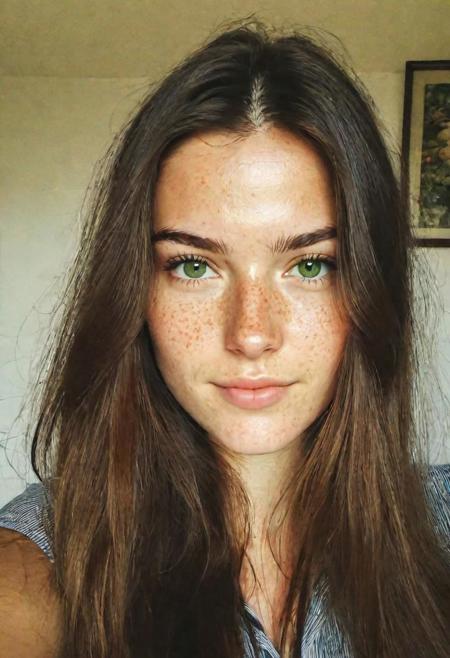 instagram selfie , a 23 year old gorgeous woman , slight smirk, detailed skin face and eyes , natural lighting , at home , long hair, low contrast, natural face , freckles , brunette hair , green eyes