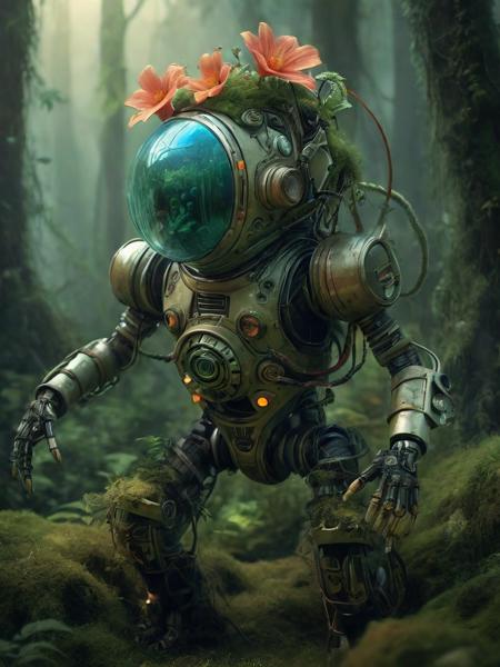 illustration-style picture of a biomechanical entity. The entity is a fusion of technology and nature, with a helmet that resembles a diving suit, its surface covered in verdant moss, handing a flower to viewer, twisting vines, and bright, exotic flowers. Its arms are heavy and robotic, adorned with peaceful symbols and patterns. The backdrop is an enchanted swamp, filled with a mystical fog, gnarly trees, and a spectrum of swamp flora. Fireflies dot the air with their luminescent glow. The illustration should have a whimsical and fantastical feel, with vibrant colors and a hand-drawn quality that emphasizes the enchanting aspects of the scene and the organic-meets-mechanical theme.
