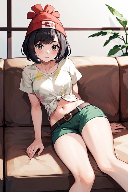 masterpiece, best quality, highres, selene1, 1girl, selene1, 1girl, selene \(pokemon\), solo, grey eyes, black hair, green shorts, red headwear, beanie, shirt, tied shirt, floral print, short hair, short sleeves, short shorts, navel, striped, yellow shirt, belt,  <lora:selene_(pokemon)_v1:0.6>, indoors, sofa, on side,