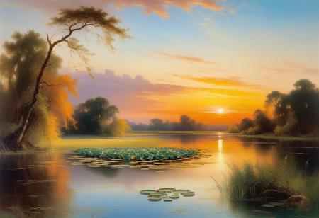 <lora:10NaturalismPainting_Hap_XL:3.5>,  Thomas Moran style, The first image captures a dramatic, expansive landscape bathed in the golden hues of a setting sun. The scene is dominated by a large body of water reflecting the light of the sun, surrounded by lush greenery and silhouetted trees. The sky is a blend of turquoise and warm oranges, creating a mesmerizing contrast. The peaceful water is dotted with lily pads, and a fallen tree branch extends into the water, adding to the tranquil yet evocative ambiance.