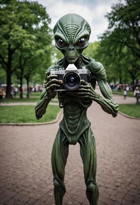 Photograph of an extremely creepy alien who has an old 35mm camera, the alien is taking tourism photos in the city park!
BREAK
,((uhd, 8k photograph taken with Sony A7R III, 1/30sec at f/5.6, ISO 20,000, 12-24mm f/4 at 12mm, slow shutter speed to capture motion blur, fear evoking angles, cinematic horror lighting, frightening shadows, perfect composition, award winning featured photograph, full-length photograph))
ng_deepnegative_v1_75t, epiCRealism, Ellis-RealismBoost