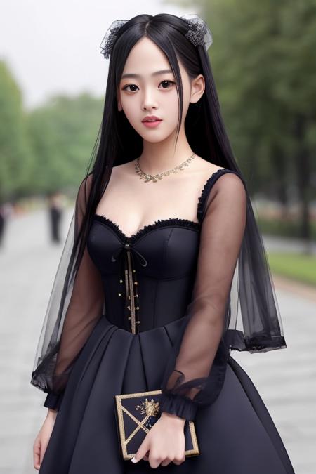 minji-nj-4400,  Style-Empire, 1girl, corset, cinematic, (portrait), sideface, foreshortening,   ((detailed face, beautiful face, full makeup)), full_body, high_heels, long_hair, solo, depth_of_field, outdoors, realistic,(medium), photorealistic, (ultra-detailed:1.2), ((high ornamented dress)), detailed light, HDR, Empire_dress