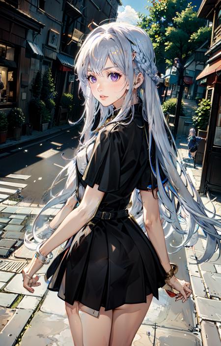 <lora:premiachanv1:0.63>, premiachan, (masterpiece, best quality, adventurer, miniskirt, cloak, crowded street, (fantasy setting), sunny day, braid, long hair, looking back, accesories, main street, ((wide street)), medieval, paved, mage