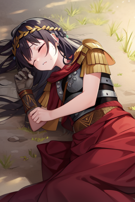 ancient roman clothes, roman armor, sleeping, battlefield, tears