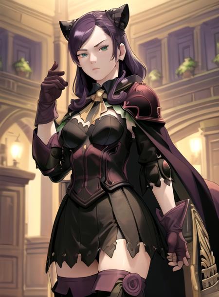 best quality, (masterpiece),(ultra-detailed), (high quality), (high resolution), <lora:eveb-10:0.7>,1girl, armor, purple hair, cape, dress, eve belduke, gloves, green eyes, long hair, parody, pillarboxed, solo, thighhighs, upper body