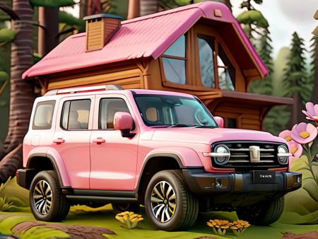 3D cinematic film.(caricature:0.4), cabin, flowers,highly detailed,(a pink cartoon gwm tank300), on the road in forest, profile view <lora:GWMTank300:1>