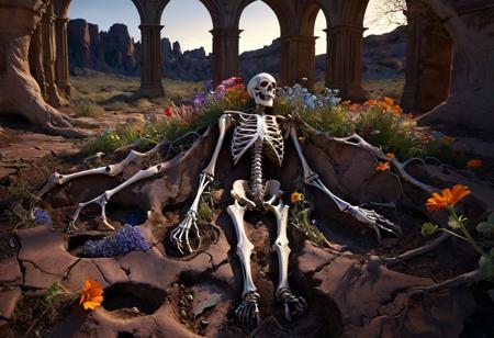 skeletal figure, withered flesh, emerging from cracked earth, vibrant wildflowers bursting forth, roots intertwined with bones, gothic arches in the background, moonlight casting long shadows, detailed anatomy, hyperrealistic, symbolism, cycle of life