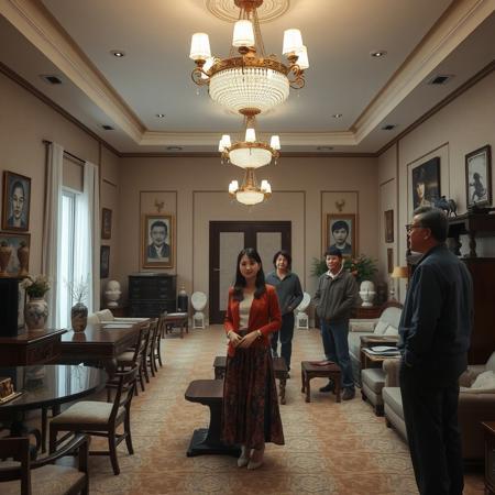 Realistic scene inside an uninhabited large house in modern China, the room style is relatively simple with many furniture, 3 chandeliers, tables, chairs, sofas, face paintings, vases, and half body human plaster statues. There are 4 people in the hall, including a female teacher, a Japanese female college student, a 30-year-old adult man wearing glasses, and a quiet man. These 4 people survey the placement of surrounding furniture.