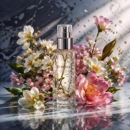 best quality, cosmetic,  flowers, bottle