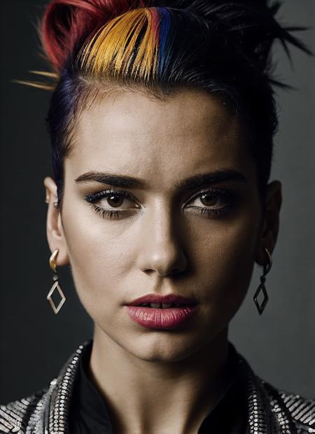 portrait of sks woman by Flora Borsi, style by Flora Borsi, bold, bright colours, rainbow Mohawk haircut, ((Flora Borsi)), <lora:locon_dualipa_v1_from_v1_64_32:1>