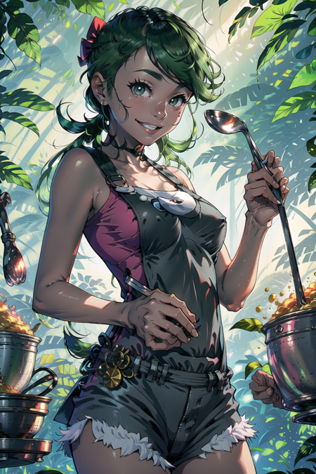 masterpiece, best quality, <lora:MallowLora-15:0.7>, mallow \(pokemon\), medium breasts, grey overalls, grey shorts, pink shirt, holding ladle, cooking pot, pot, smile, soup, jungle, outdoors,