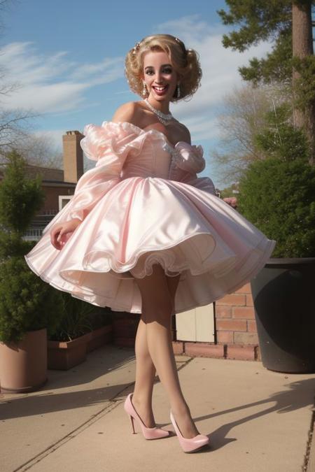 smile, teeth, eyes, nose, lips, chin, brows, face, hands, legs, feet, heels, earrings, heavy makeup, long eyelashes, pink, organza off the shoulder ruffled, dress, long sleeves, necklace, blonde hair, updo curls, stockings, high heels, jewelry, petticoats, fanned skirt, sidewalk, bricks, trees, bushes, collarbone, long neck, blue sky, 00sissy02,