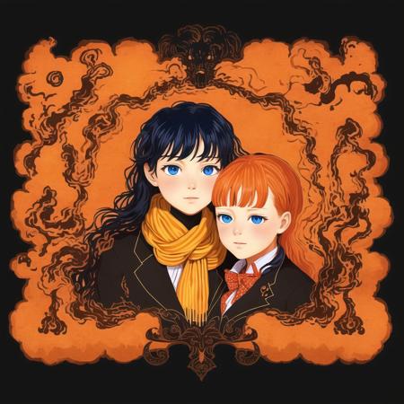 <lora:artofmaquenda:1>, artofmaquenda,  poster, letterboxed, pillarboxed, illustration, simple background, 2girls, black hair, blazer, blue eyes, brown eyes, long hair, multiple girls, orange hair, scarf, school uniform, side ponytail