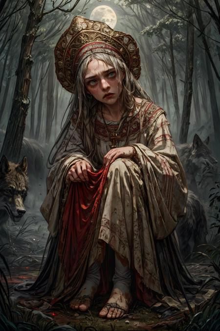 (RAW photo, 8k uhd, Analog style, Masterpiece, Best Quality, Highres:1.4), (dramatic, cinematic:1.2), BREAK,
movie shot of (cute young:1.2) girl wearing (russian:1.2) (white:1.1) (open (torn:1.1) (long:1.1) dress:1.25), (small kokoshnik headwear:1.25), (circlet:1.25), (tired pose:1.2), (messy (very long:1.1) hair:1.15), (dirty skin:1.2), (dirty clothes:1.15), (looking down:1.3), (head tilt:1.2), (surrounded by wolves:1.3), (sitting:1.3) (on stump:1.25) in (overgrown dence deep forest:1.2), ((ornate:1.15), traditional ornamented (red frills:1.1):1.1), (sad face:1.15), (cross necklace:1.1), BREAK,
(giant old trees:1.3), moon moonlight, (outdoors, fireflies:1.1), (tired:1.2), (gloomy, scary, eerie dark night:1.3), (photorealistic:1.2), (intricate details:1.3), (mysterious, fabulous, fantasy, mystical, eerie, gloomy:1.3), (desaturated, cold lighting:1.2), medieval peasant, ((russian peasant clothes, traditional russian, slavic folk art:1.1), By Andrey Shishkin:1.2), (hyperdetailed, absurdres:1.2), BREAK,
<lora:more_details:1.0>,
<lora:sxz-slavic-fantasy:0.7>,
<lora:zoom_slider_v1:4.2>,