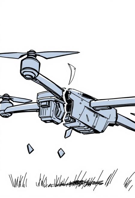 a fast drawn toon sketch of a broken drone with broken part.