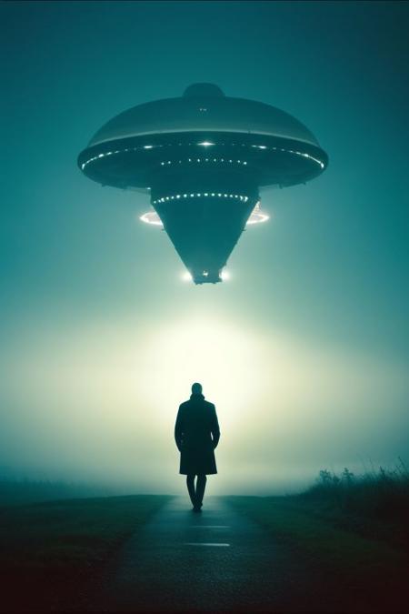 security footage frame,  fog, night, volumetric, industrial buildings, UFO, closeup of man in trenchcoat