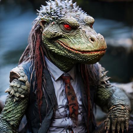aerial view, from above BREAK
A lizardman in a business suit, red eyes, red tongue, mouth open BREAK
face focus, dim lighting, rim lighting, lizard folk